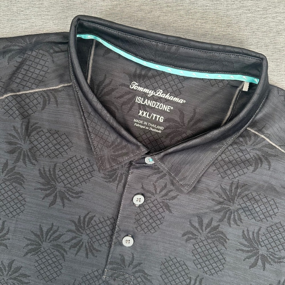 Tommy Bahama IslandZone Polo Shirt Mens XXL Charcoal Grey Pineapple Tropical AOP